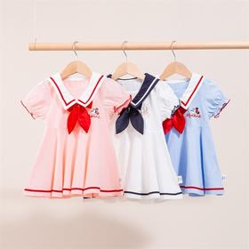 迪士尼童装 儿童连衣裙夏季新款女童学院风裙子短袖裙蝴蝶结