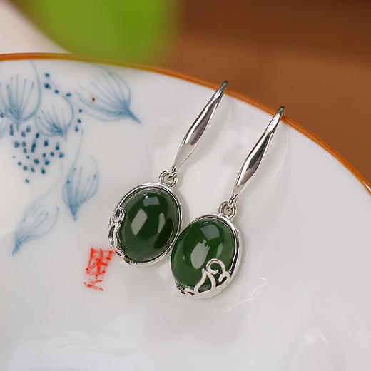 S925纯银，和田碧玉复古优雅蛋面镶嵌民族风耳坠CW-171 商品图1