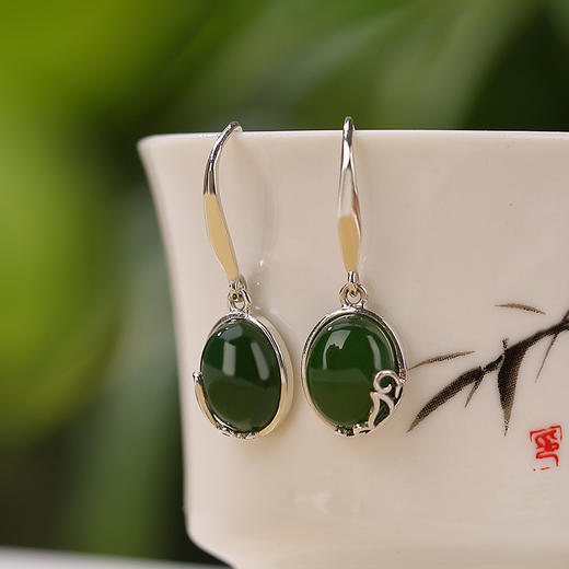 S925纯银，和田碧玉复古优雅蛋面镶嵌民族风耳坠CW-171 商品图0