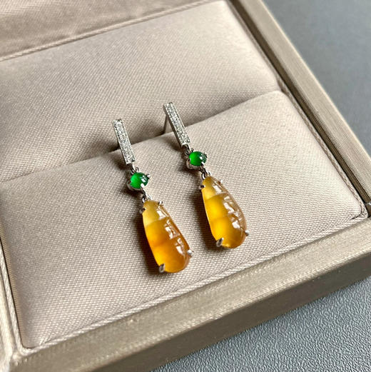 高冰种黄翡福豆耳坠18k白金钻石镶嵌 商品图0