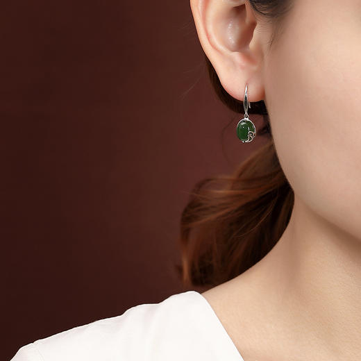 S925纯银，和田碧玉复古优雅蛋面镶嵌民族风耳坠CW-171 商品图3