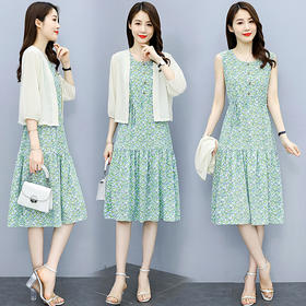 夏季新款宽松印花收腰显瘦圆中长裙连衣裙两件套HR-WT31099