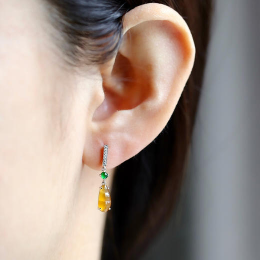 高冰种黄翡福豆耳坠18k白金钻石镶嵌 商品图1