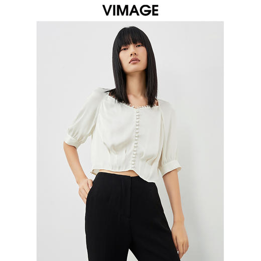 VIMAGE/纬漫纪夏季新品V领宫廷袖简约大方短款小上衣V1709330 商品图2