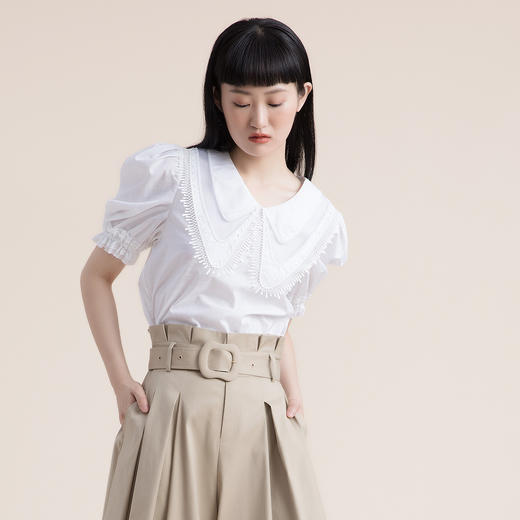 谜底2022夏季新款复古质感泡泡袖H型短袖纯棉上衣女222MS0615 商品图2