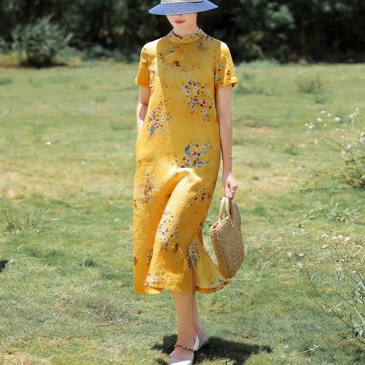 YM-新款复古印花改良旗袍气质苎麻盘扣短袖中式连衣裙女 商品图0