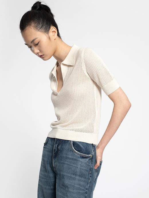 2022新款女士丝羊绒12针双股网眼短袖polo套头衫 商品图3