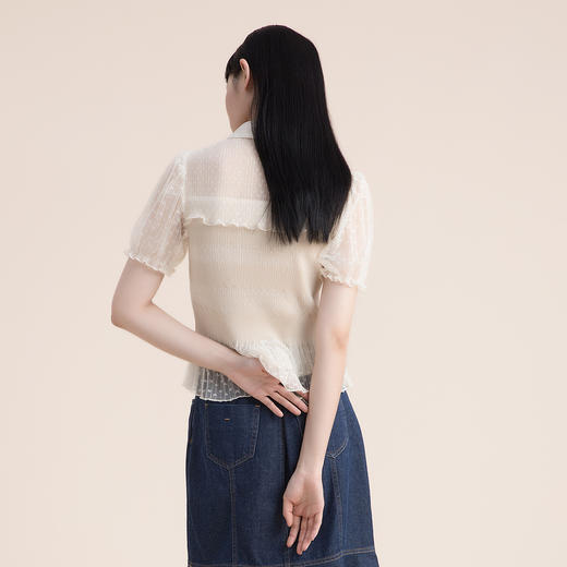 谜底2022夏新款高级感衣身压褶修身显瘦蕾丝短袖衬衫女222GC0703 商品图2