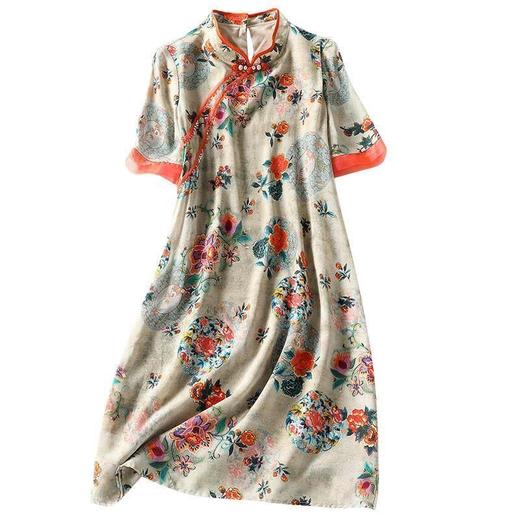 Cls1928 2022夏季新款中国风改良版旗袍气质女神宽松大码印花仿真丝连衣裙 商品图7