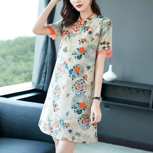 Cls1928 2022夏季新款中国风改良版旗袍气质女神宽松大码印花仿真丝连衣裙 商品图2