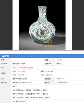 汪涛：【斗彩】拍卖同款青花斗彩团花天球瓶