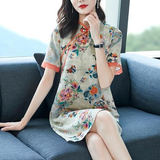 Cls1928 2022夏季新款中国风改良版旗袍气质女神宽松大码印花仿真丝连衣裙 商品图0
