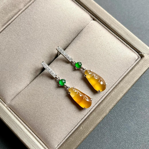 高冰种黄翡福豆耳坠18k白金钻石镶嵌 商品图2