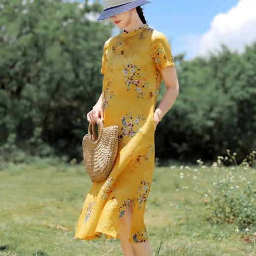YM-新款复古印花改良旗袍气质苎麻盘扣短袖中式连衣裙女 商品图1