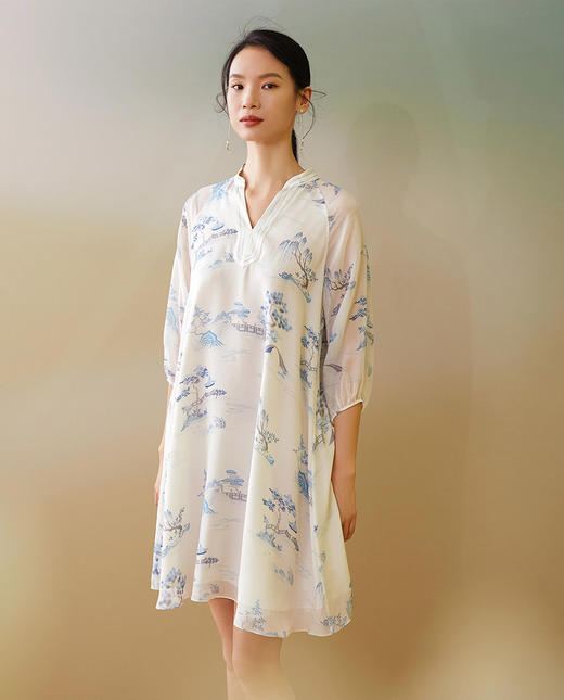 【皇锦】中式领七分袖真丝睡裙连衣裙 商品图3