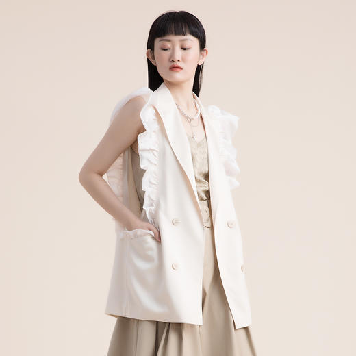 谜底2022夏新款小飞袖木耳边高级质感天丝马甲薄外套女222MM0553 商品图1