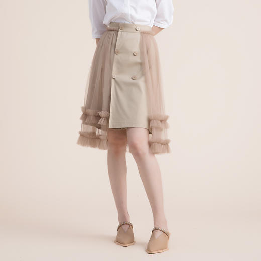 谜底2022夏季新款高腰显瘦双排扣A字仙女百褶网纱半身裙222MB0595 商品图0