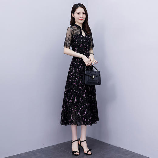 新款改良版气质蕾丝拼接雪纺收腰中长款连衣裙 HR-WS25569 商品图3