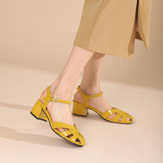 西村名物2022年夏季包头凉鞋中跟百搭真皮时装粗跟法式高跟鞋子X22BG24341 商品图2