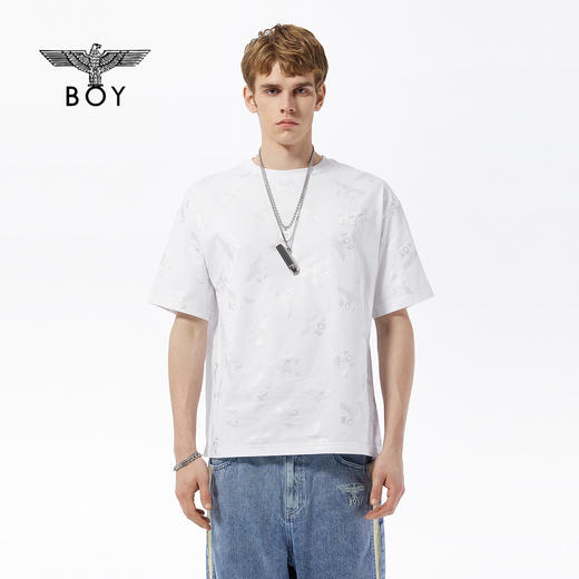 BOYLONDON短袖男女同款22春夏新品银色LOGO满印经典款T恤B222N01061 商品图0