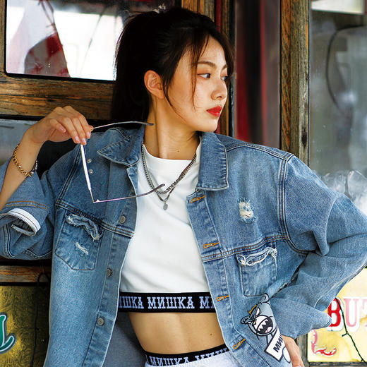 Mishka大眼球潮牌2022春夏新品 KA爷涂鸦熊破洞做旧长袖牛仔夹克M21100560M  商品图2