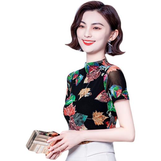 夏季半高领t恤女士别致短袖印花色时尚网纱打底衫MZ801422 商品图4