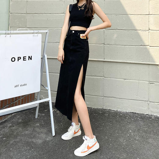 黛唯梵高腰开叉牛仔半身裙女夏季薄款a字显瘦中长款包臀2022新款长裙ins国庆出游 商品图3