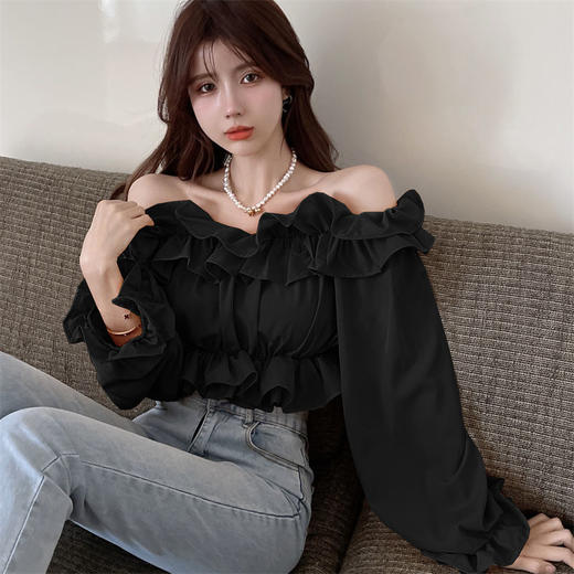 黛唯梵短款衬衫设计感小众2022夏新款纯欲荷叶边一字肩锁骨防晒上衣女潮国庆出游 商品图8