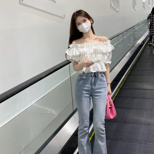 黛唯梵甜辣妹一字肩短款上衣女夏季设计感别致衬衣2022新款白色短袖衬衫国庆出游 商品图3