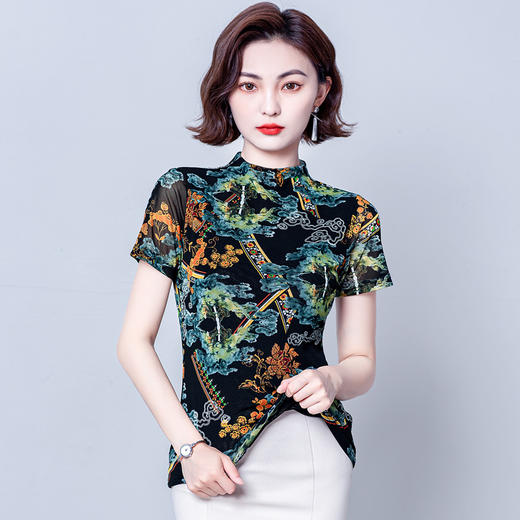 夏季半高领t恤女士别致短袖印花色时尚网纱打底衫MZ801422 商品图2