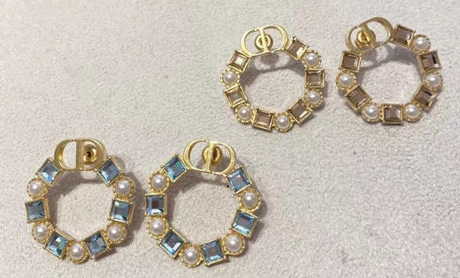 圆圈方钻珍珠耳环金色/浅蓝色 商品图4