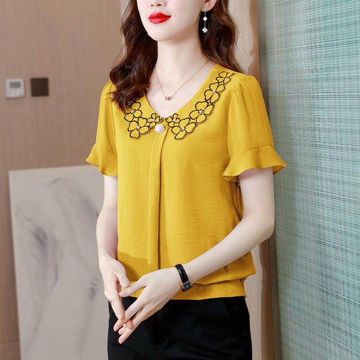 KQLA83N85582022短袖娃娃领飞飞袖雪纺衫女上衣衬衫洋气遮肉肚子百搭时尚小衫 商品图2