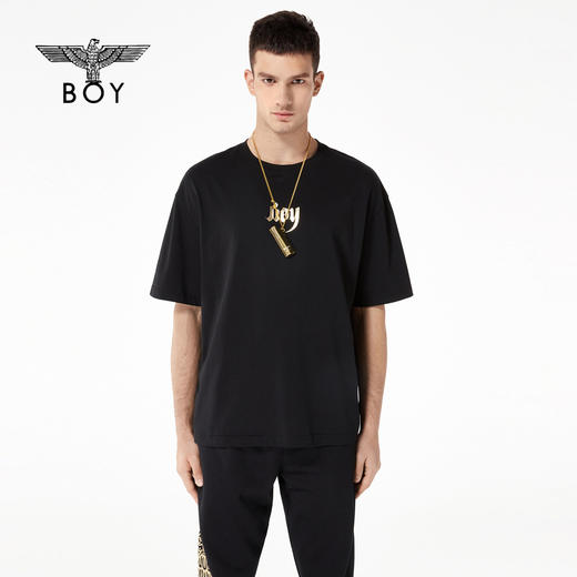 BOYLONDON情侣短袖22春夏新品上衣鹰翼烫金印花黑色休闲T恤B221N01024 商品图0