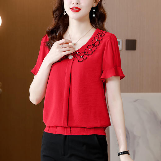 KQLA83N85582022短袖娃娃领飞飞袖雪纺衫女上衣衬衫洋气遮肉肚子百搭时尚小衫 商品图1