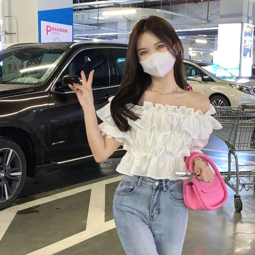 黛唯梵甜辣妹一字肩短款上衣女夏季设计感别致衬衣2022新款白色短袖衬衫国庆出游 商品图6