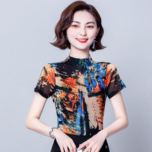 夏季半高领t恤女士别致短袖印花色时尚网纱打底衫MZ801422 商品图6