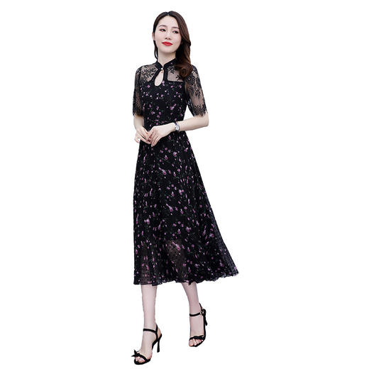 新款改良版气质蕾丝拼接雪纺收腰中长款连衣裙 HR-WS25569 商品图4