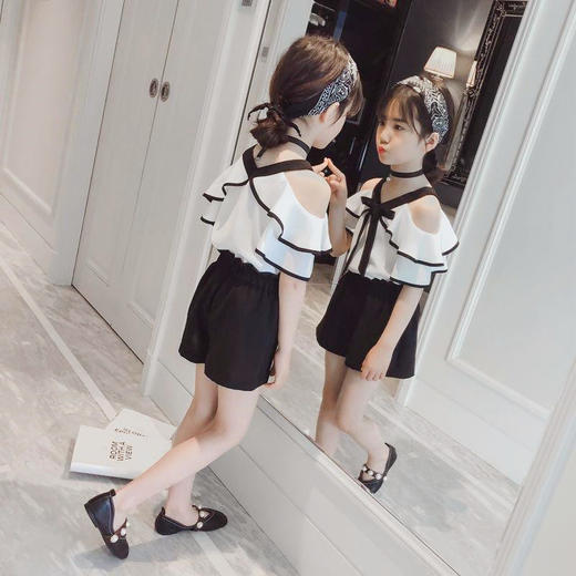 黛唯梵 女童夏款套装2022新款儿童夏季吊带露肩上衣韩版小女孩短裤两件套国庆出游 商品图2