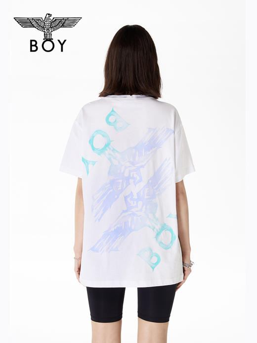 BOYLONDON短袖男女同款22春夏新品水彩老鹰印花休闲白色T恤B222N01050 商品图1