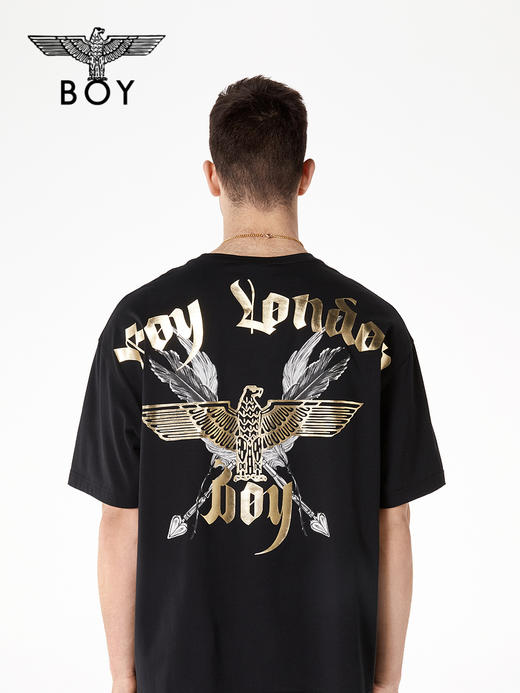 BOYLONDON情侣短袖22春夏新品上衣鹰翼烫金印花黑色休闲T恤B221N01024 商品图1