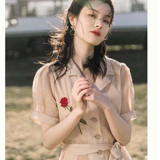 YR-小翻领港风复古少女风法式绣花亮晶晶连衣裙单排扣显瘦长裙夏 商品图1