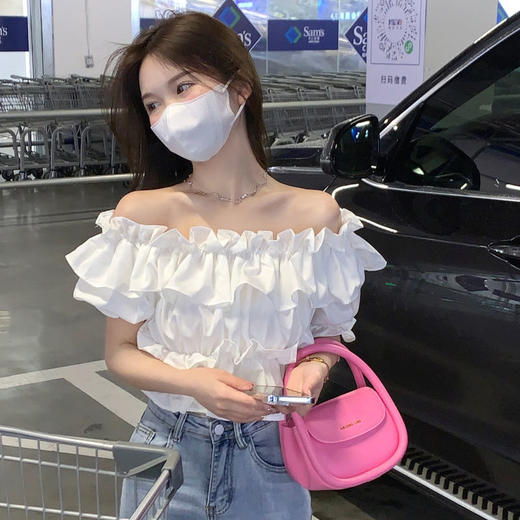 黛唯梵甜辣妹一字肩短款上衣女夏季设计感别致衬衣2022新款白色短袖衬衫国庆出游 商品图5