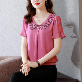 KQLA83N85582022短袖娃娃领飞飞袖雪纺衫女上衣衬衫洋气遮肉肚子百搭时尚小衫