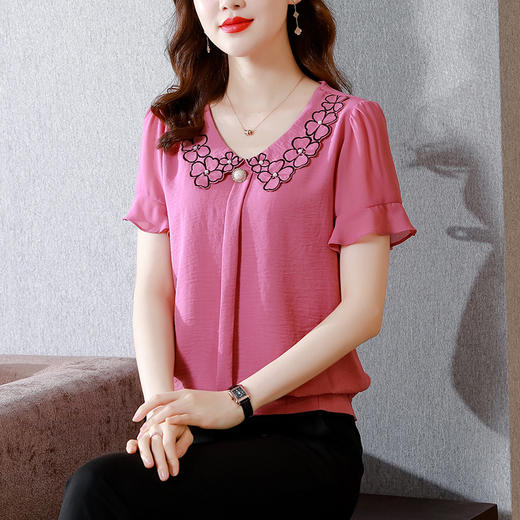 KQLA83N85582022短袖娃娃领飞飞袖雪纺衫女上衣衬衫洋气遮肉肚子百搭时尚小衫 商品图0