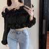 黛唯梵短款衬衫设计感小众2022夏新款纯欲荷叶边一字肩锁骨防晒上衣女潮国庆出游 商品缩略图7