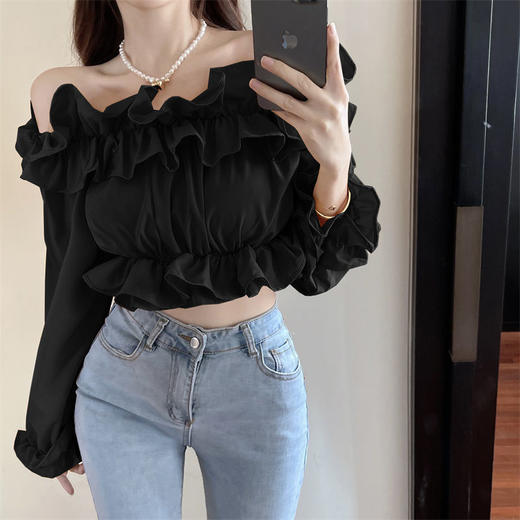 黛唯梵短款衬衫设计感小众2022夏新款纯欲荷叶边一字肩锁骨防晒上衣女潮国庆出游 商品图7