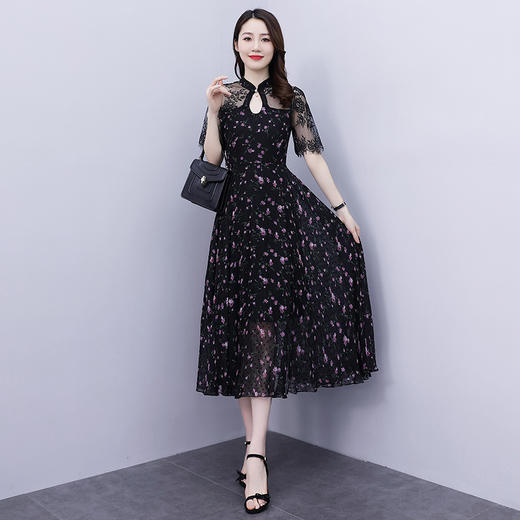新款改良版气质蕾丝拼接雪纺收腰中长款连衣裙 HR-WS25569 商品图2