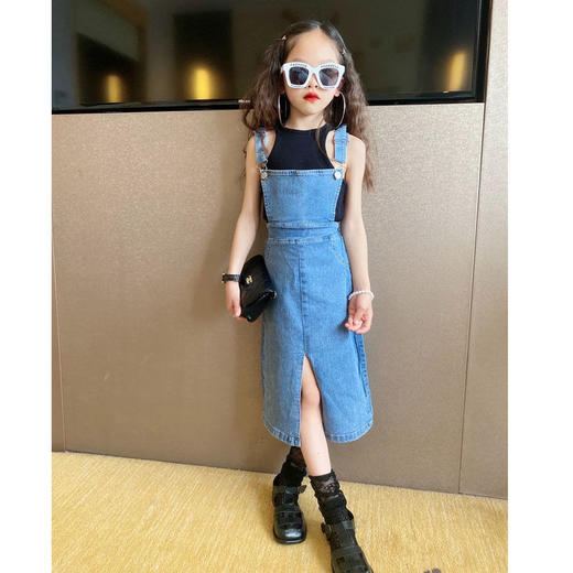 黛唯梵 女童夏装牛仔背带裙2022春夏季新款儿童中长款女宝吊带开叉连衣裙国庆出游 商品图5