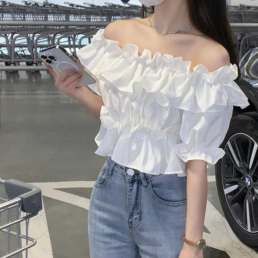 黛唯梵甜辣妹一字肩短款上衣女夏季设计感别致衬衣2022新款白色短袖衬衫国庆出游 商品图4