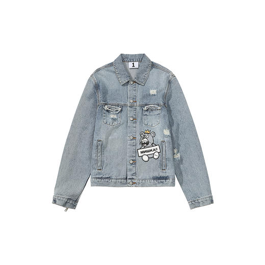 Mishka大眼球潮牌2022春夏新品 KA爷涂鸦熊破洞做旧长袖牛仔夹克M21100560M  商品图3